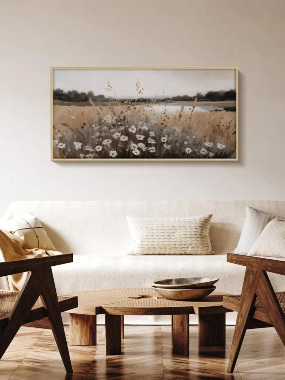 Large Framed Canvas Wall Art 20x40in, Fall Wildflower Landscape, Neutral Decor